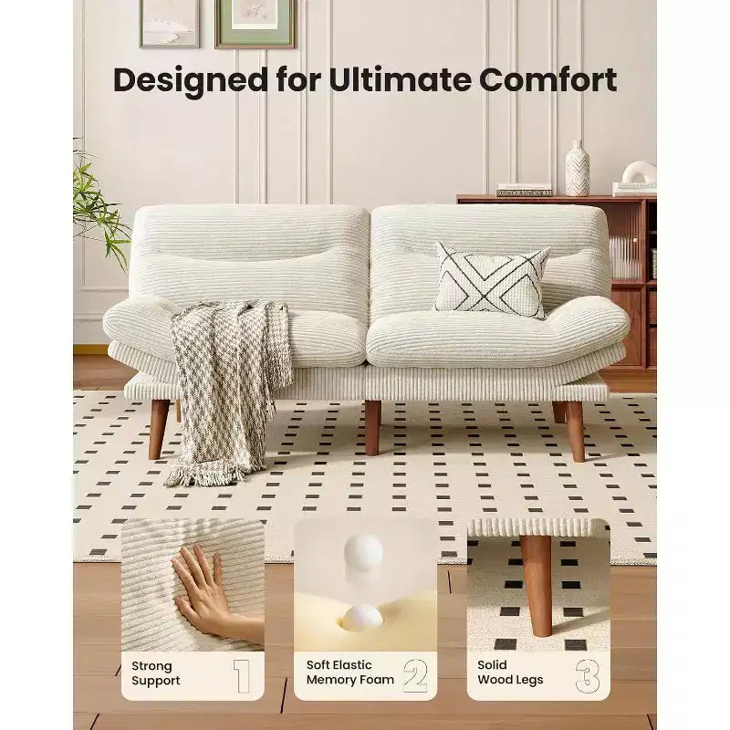 66-inch corduroy sofa bed with adjustable backrest and armrests, suitable for small spaces, living rooms, or offices as a convertible futon sofa.