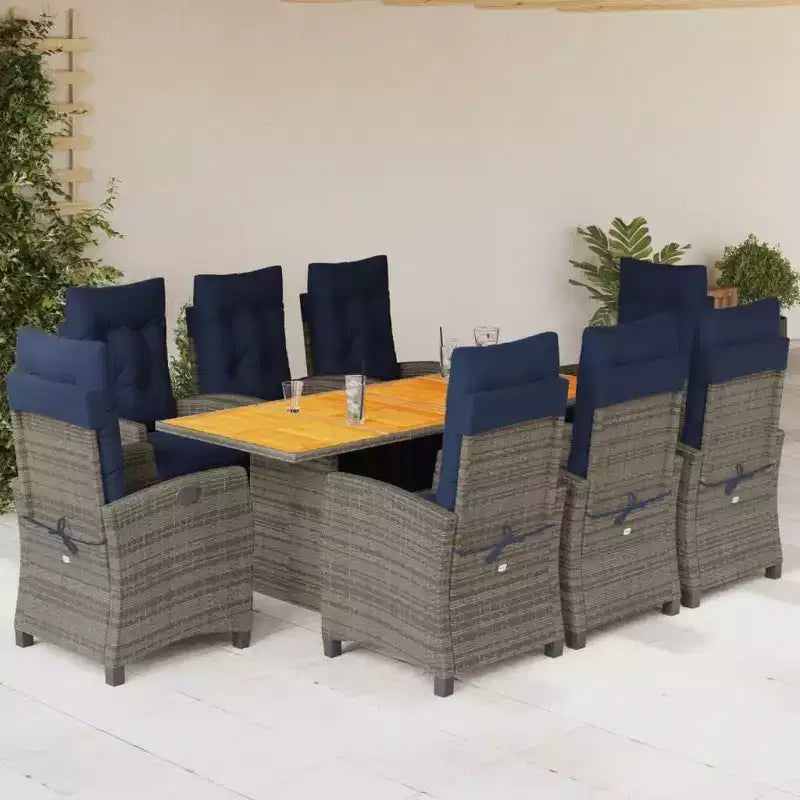 vidaXL Juego de Comedor de Patio de 9 Piezas con Cojines Ratán Sintético Gris