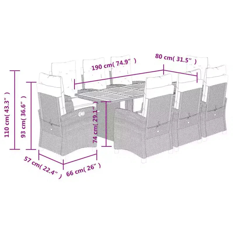 vidaXL Juego de Comedor de Patio de 9 Piezas con Cojines Ratán Sintético Gris