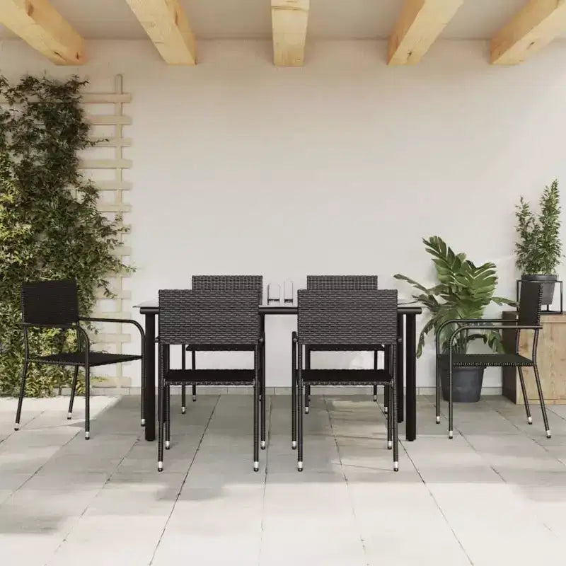 vidaXL Juego de comedor de jardín de ratán sintético y acero negro, apilable estándar - 63 de longitud de mesa 6