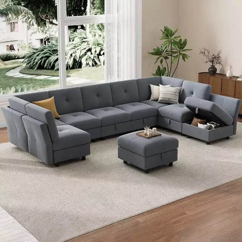 91 Modular Sectional Sofa, Cloud Sectional Couch with 9 Deep Seat,9 Seat with Storage & Chaise, U-Shaped Velvet Couch, for Living Room, Blue