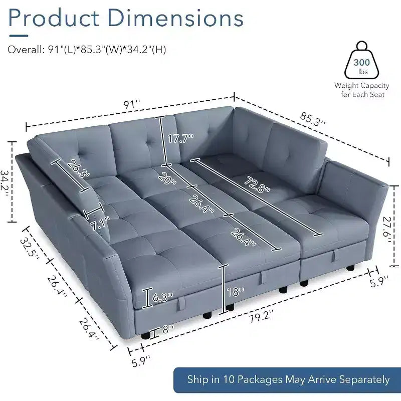 91 Modular Sectional Sofa, Cloud Sectional Couch with 9 Deep Seat,9 Seat with Storage & Chaise, U-Shaped Velvet Couch, for Living Room, Blue