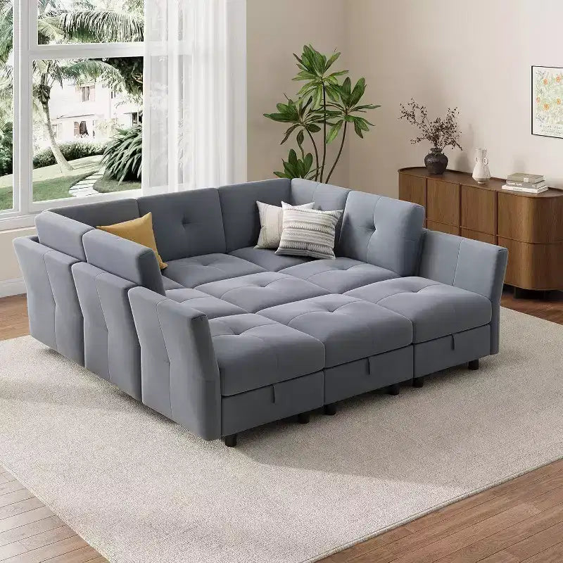 91 Modular Sectional Sofa, Cloud Sectional Couch with 9 Deep Seat,9 Seat with Storage & Chaise, U-Shaped Velvet Couch, for Living Room, Blue