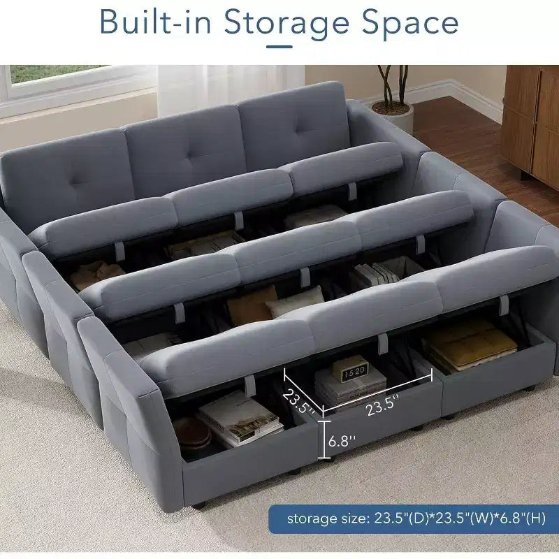 91 Modular Sectional Sofa, Cloud Sectional Couch with 9 Deep Seat,9 Seat with Storage & Chaise, U-Shaped Velvet Couch, for Living Room, Blue