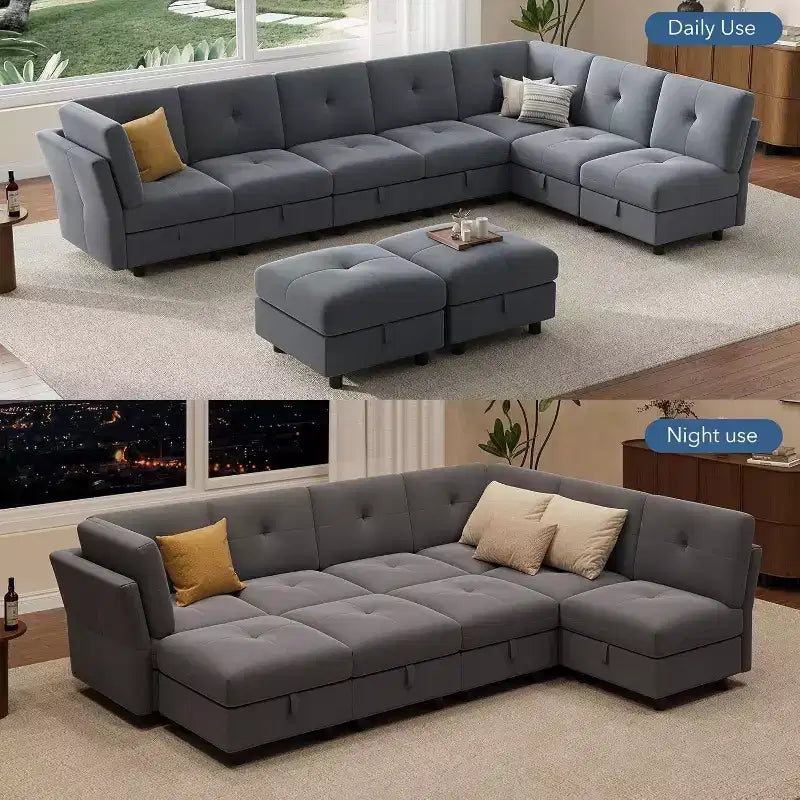 91 Modular Sectional Sofa, Cloud Sectional Couch with 9 Deep Seat,9 Seat with Storage & Chaise, U-Shaped Velvet Couch, for Living Room, Blue
