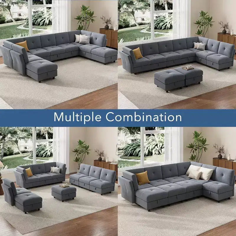 91 Modular Sectional Sofa, Cloud Sectional Couch with 9 Deep Seat,9 Seat with Storage & Chaise, U-Shaped Velvet Couch, for Living Room, Blue