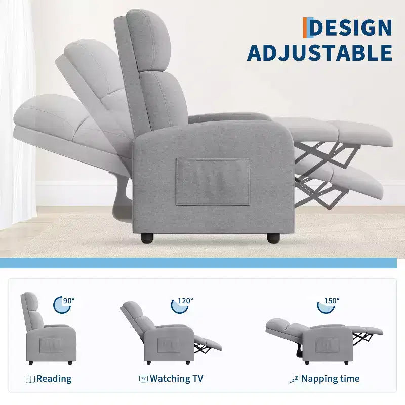 Recliner Chair for Adults, Adjustable Single Sofa, Enhanced with Side Pocket, Tall Back, Wide Arms & Padded Seat, Home Seating for Living Room