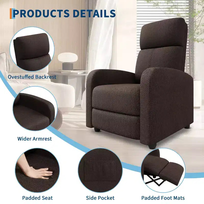 Recliner Chair for Adults, Adjustable Single Sofa, Enhanced with Side Pocket, Tall Back, Wide Arms & Padded Seat, Home Seating for Living Room