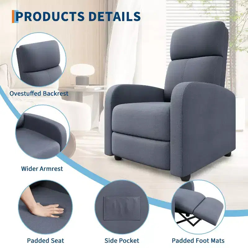 Recliner Chair for Adults, Adjustable Single Sofa, Enhanced with Side Pocket, Tall Back, Wide Arms & Padded Seat, Home Seating for Living Room