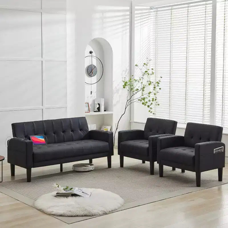 TYBOATLE 3-Piece Sofa Couch, Modern Linen Upholstered Sofa, 3-Piece Set (Loveseat & Chair) Sofa with Deep Seats for Living Room,Black