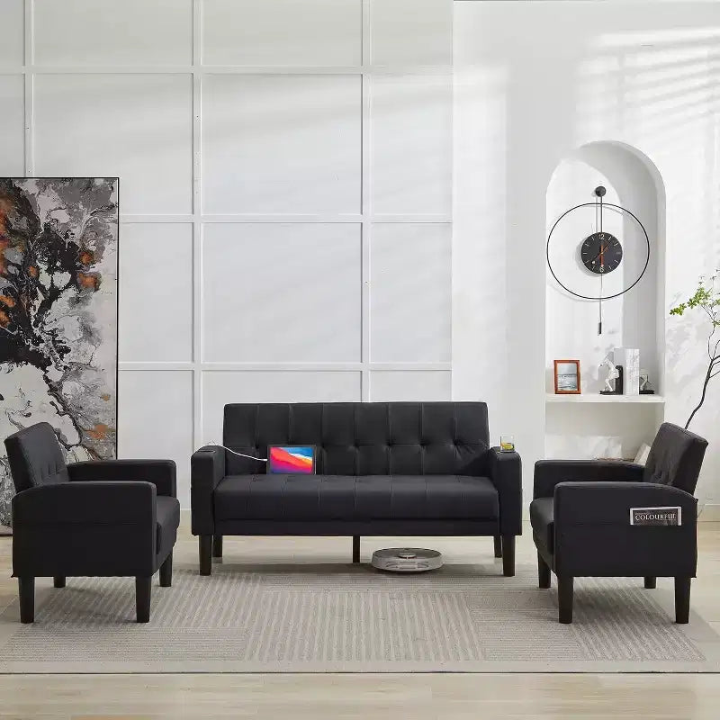 TYBOATLE 3-Piece Sofa Couch, Modern Linen Upholstered Sofa, 3-Piece Set (Loveseat & Chair) Sofa with Deep Seats for Living Room,Black