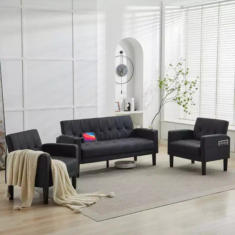 TYBOATLE 3-Piece Sofa Couch, Modern Linen Upholstered Sofa, 3-Piece Set (Loveseat & Chair) Sofa with Deep Seats for Living Room,Black