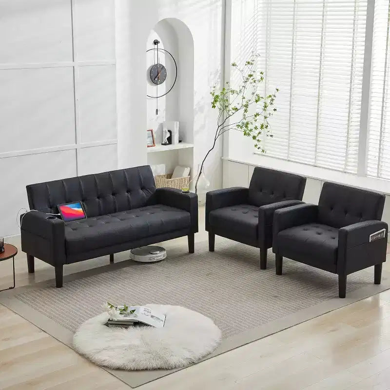 TYBOATLE 3-Piece Sofa Couch, Modern Linen Upholstered Sofa, 3-Piece Set (Loveseat & Chair) Sofa with Deep Seats for Living Room,Black