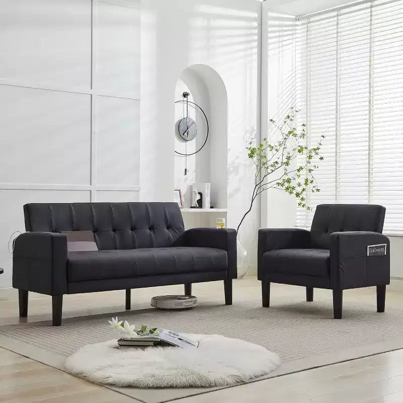 TYBOATLE 2-Piece Sofa Couch, Modern Linen Upholstered Sofa, 2-Piece Set (Loveseat & Chair) Sofa with Deep Seats for Living Room,Black