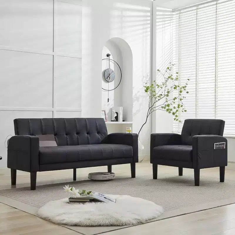 TYBOATLE 2-Piece Sofa Couch, Modern Linen Upholstered Sofa, 2-Piece Set (Loveseat & Chair) Sofa with Deep Seats for Living Room,Black