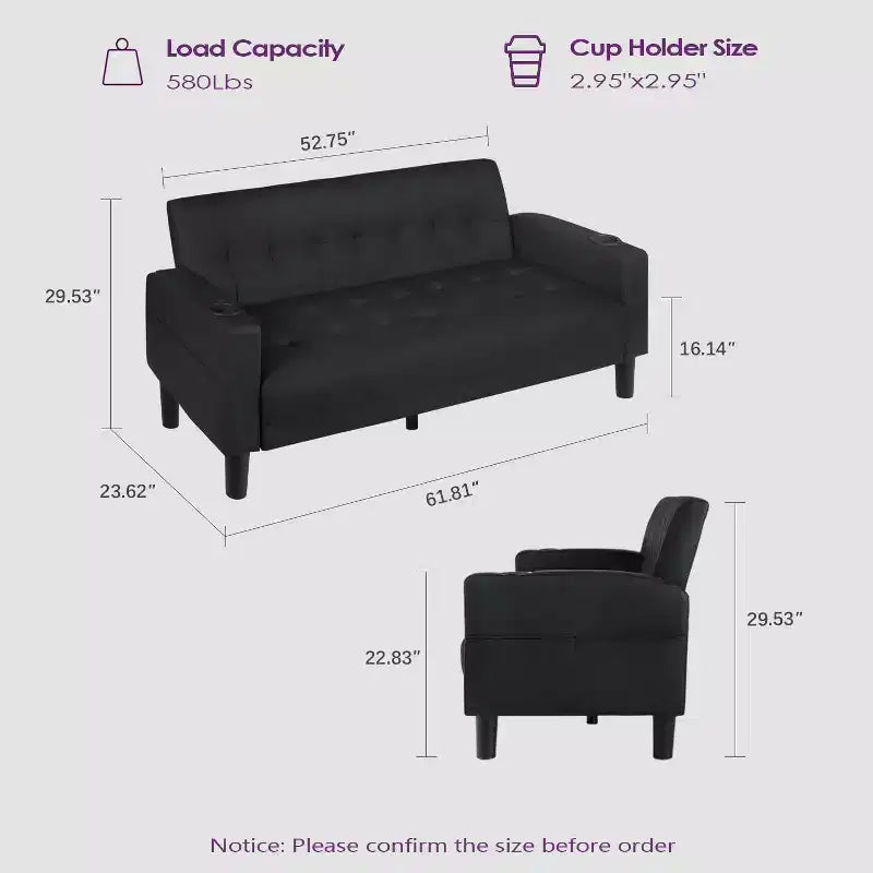 TYBOATLE 2-Piece Sofa Couch, Modern Linen Upholstered Sofa, 2-Piece Set (Loveseat & Chair) Sofa with Deep Seats for Living Room,Black