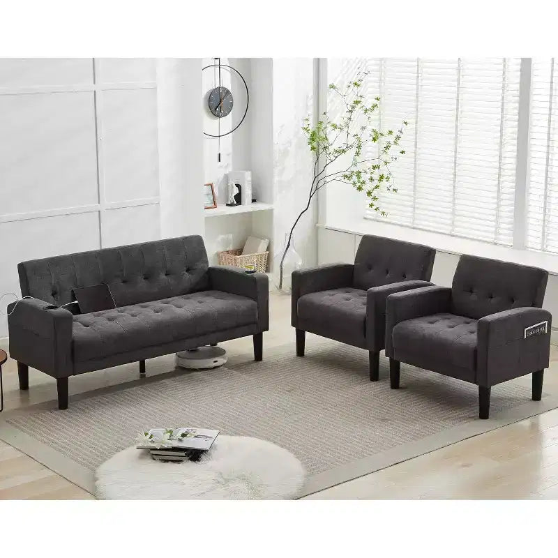 TYBOATLE 3-Piece Sofa Couch, Modern Linen Upholstered Sofa, 2-Piece Set (Loveseat & Chair) Sofa with Deep Seats for Living Room,Dark Gray