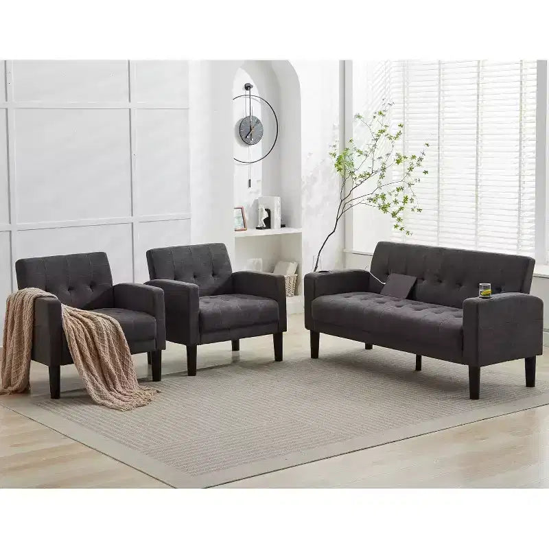 TYBOATLE 3-Piece Sofa Couch, Modern Linen Upholstered Sofa, 2-Piece Set (Loveseat & Chair) Sofa with Deep Seats for Living Room,Dark Gray
