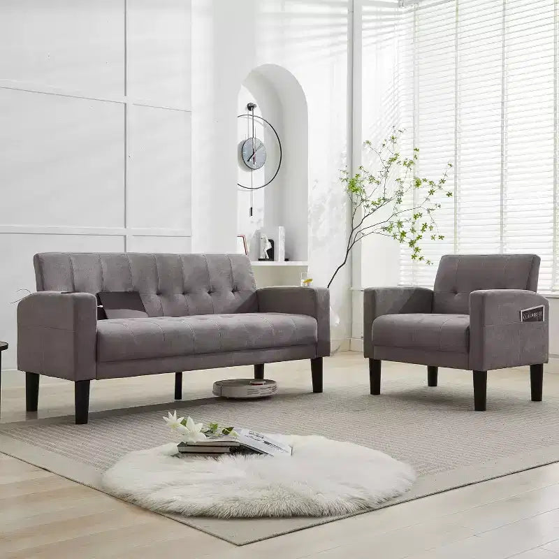 TYBOATLE 2-Piece Sofa Couch, Modern Linen Upholstered Sofa, 2-Piece Set (Loveseat & Chair) Sofa with Deep Seats for Living Room,Light Gray