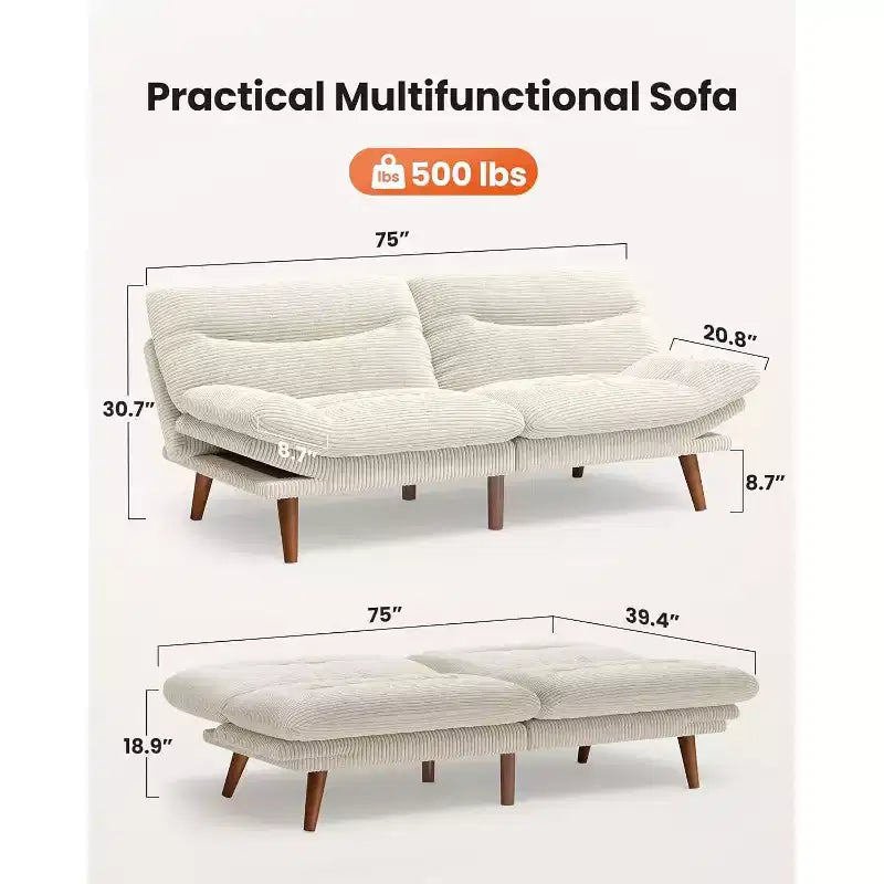 Futon Sofa Bed, Futon Couch Adjustable Backrest Armrests White