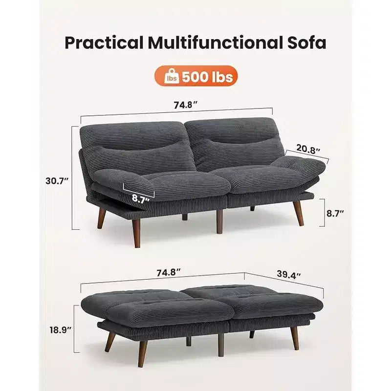 75 In Futon Sofa Bed, 3-in-1 Futon Couch w/Adjustable Backrest Armrests, Corduroy Convertible Sleeper Sofa Bed