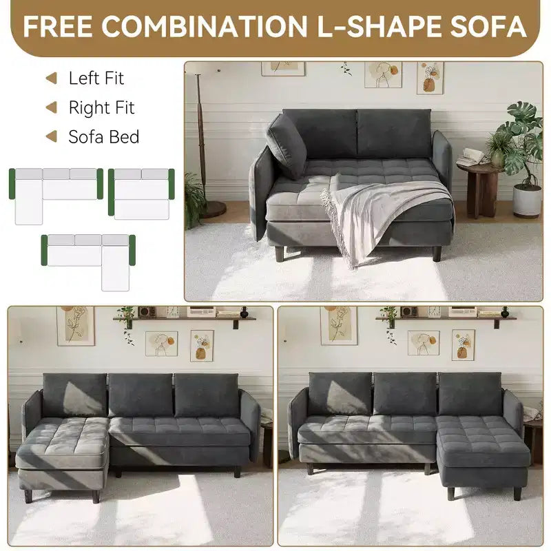 Modern Reversible 3-Seat Sofa, Convertible Sectional Couch, L-Shaped Storage Sofa, Space-Saving for Living Room
