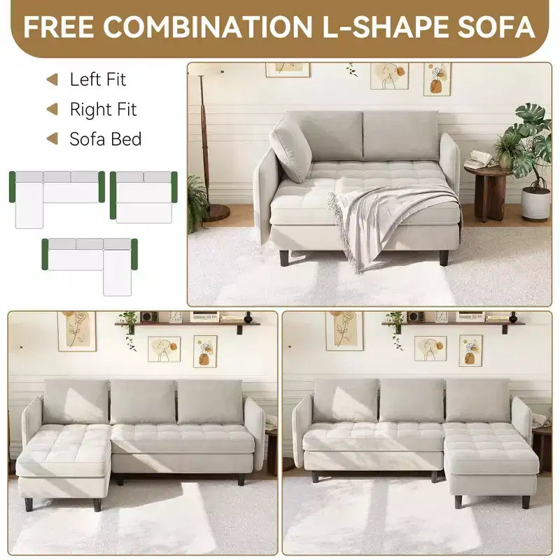 Modern Reversible 3-Seat Sofa, Convertible Sectional Couch, L-Shaped Storage Sofa, Space-Saving for Living Room
