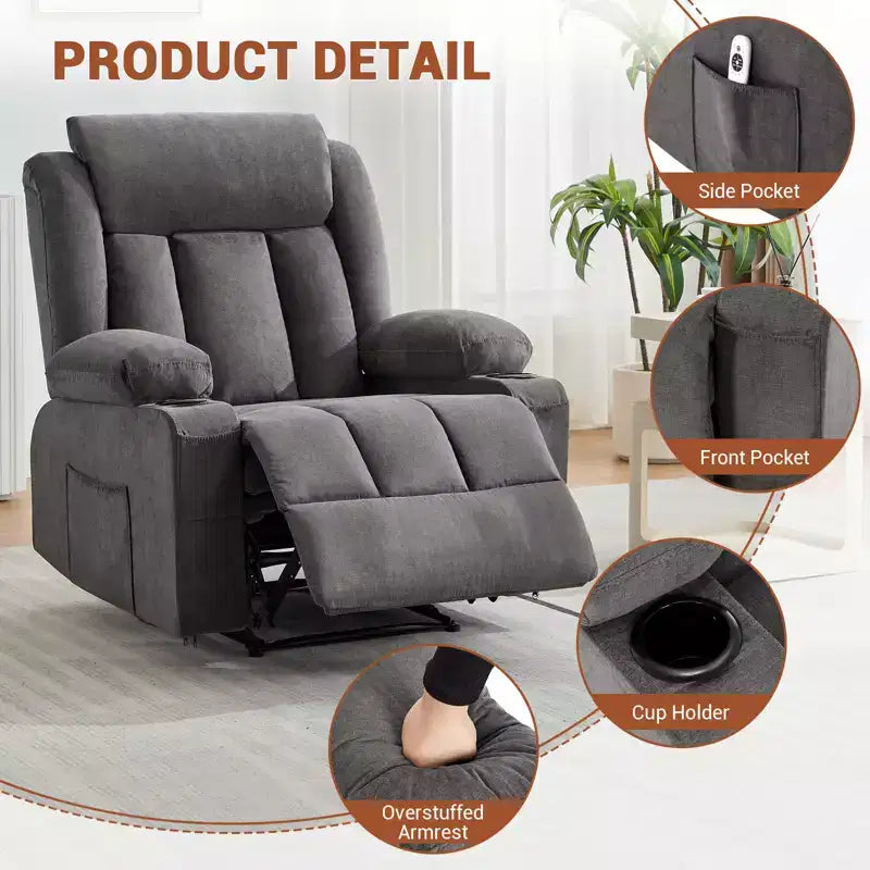 Oversized Recliner Chair,Manual Recliner Chair with Massage Vibration and Heat , Lumbar Heating,Comfy Overstuffed Deep Seat Sofa for Living Room