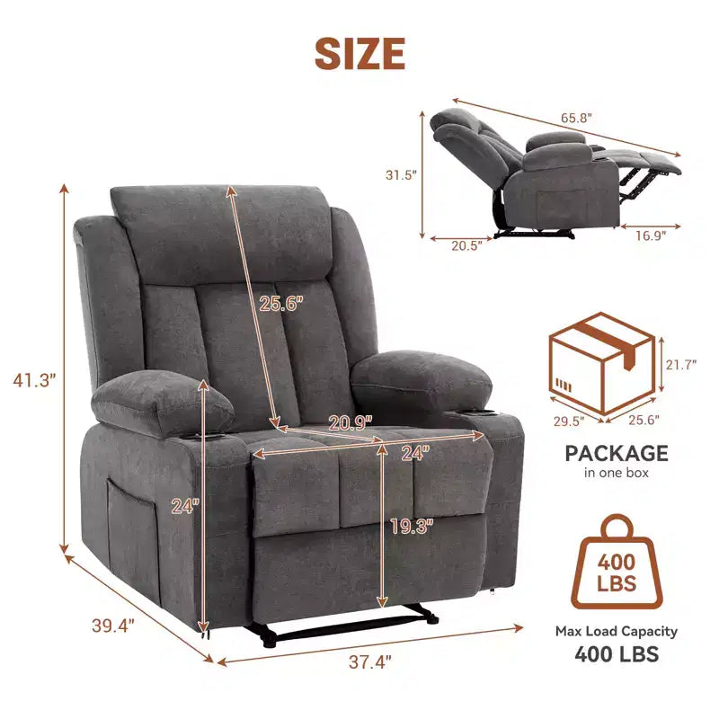 Oversized Recliner Chair,Manual Recliner Chair with Massage Vibration and Heat , Lumbar Heating,Comfy Overstuffed Deep Seat Sofa for Living Room