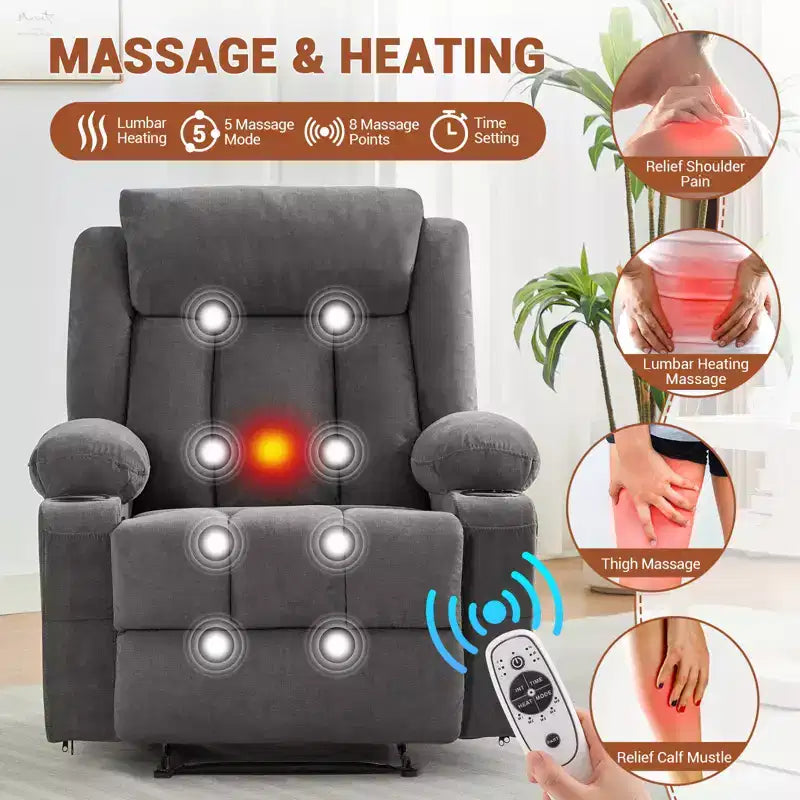 Oversized Recliner Chair,Manual Recliner Chair with Massage Vibration and Heat , Lumbar Heating,Comfy Overstuffed Deep Seat Sofa for Living Room