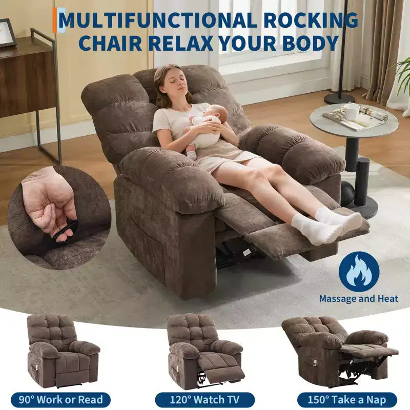 Rocking Recliner Chair with Massage and Heat Function, Ergonomic Breathable Fabric,2 Side Pockets ,for Living Room,Bedroom