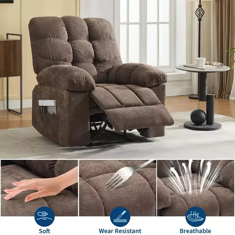 Fauteuil inclinable à bascule avec fonction de massage et de chauffage, tissu respirant ergonomique, 2 poches latérales, pour salon, chambre à coucher