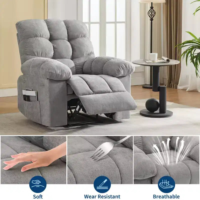 Fauteuil inclinable à bascule avec fonction de massage et de chauffage, tissu respirant ergonomique, 2 poches latérales, pour salon, chambre à coucher