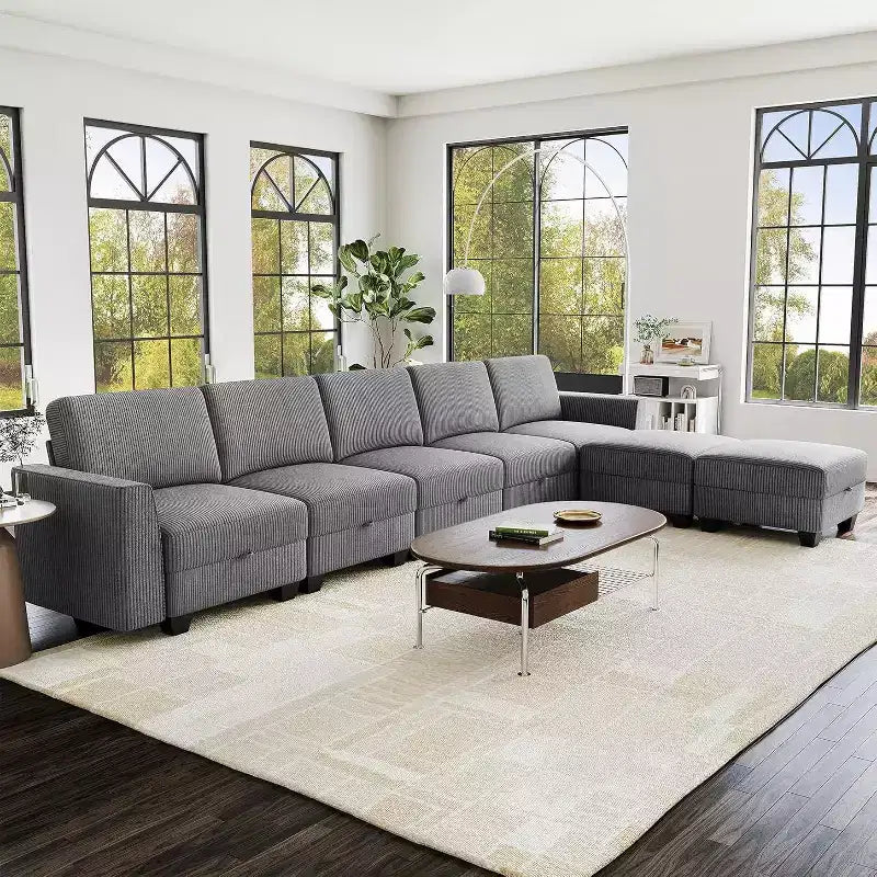 140 Large U Shaped Sectional Couch with Ottoman Chaise, Convertible Modular Sectional Sofa with Ottomans with 7 Seat for Living Room, Office - Gray