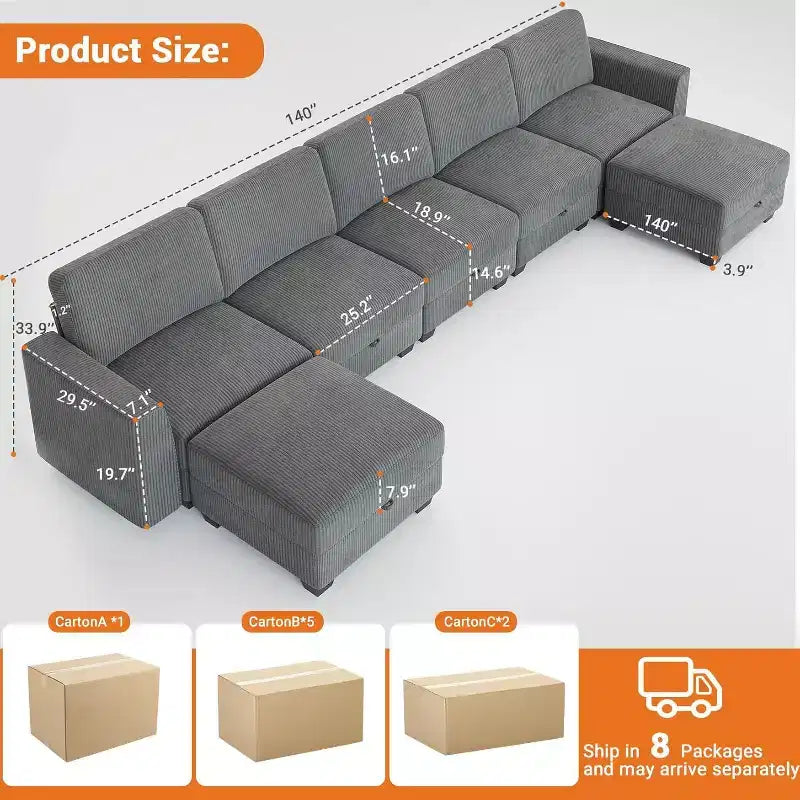 140 Large U Shaped Sectional Couch with Ottoman Chaise, Convertible Modular Sectional Sofa with Ottomans with 7 Seat for Living Room, Office - Gray