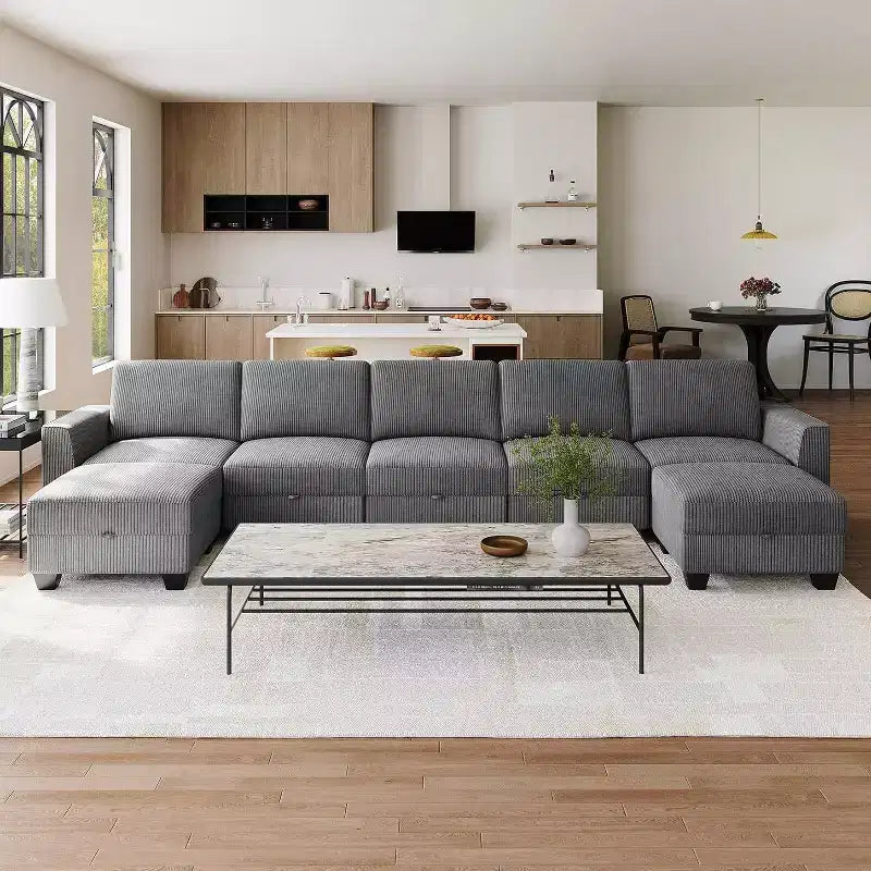 140 Large U Shaped Sectional Couch with Ottoman Chaise, Convertible Modular Sectional Sofa with Ottomans with 7 Seat for Living Room, Office - Gray