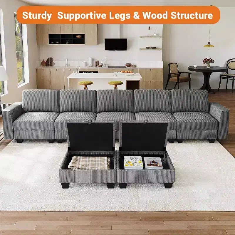 140 Large U Shaped Sectional Couch with Ottoman Chaise, Convertible Modular Sectional Sofa with Ottomans with 7 Seat for Living Room, Office - Gray