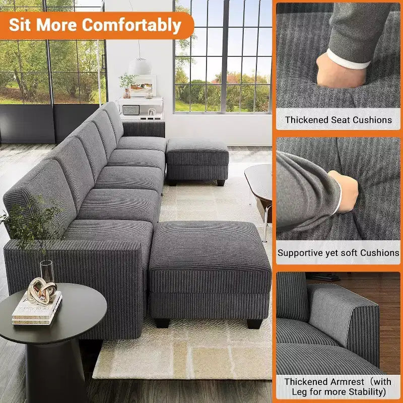 140 Large U Shaped Sectional Couch with Ottoman Chaise, Convertible Modular Sectional Sofa with Ottomans with 7 Seat for Living Room, Office - Gray