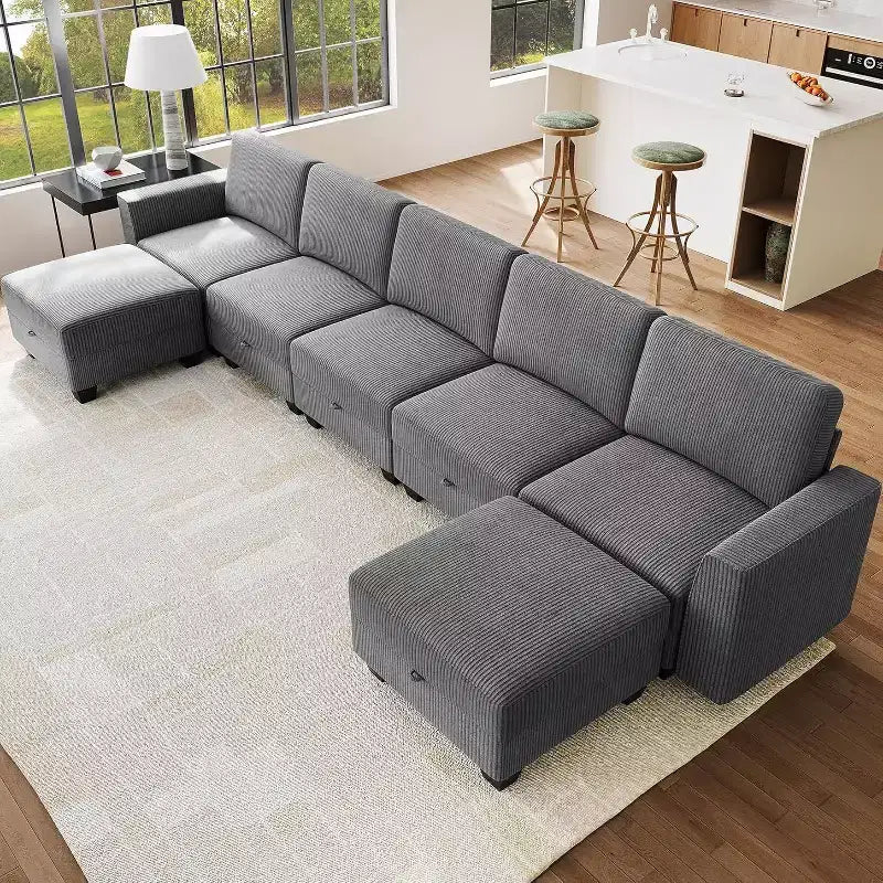 140 Large U Shaped Sectional Couch with Ottoman Chaise, Convertible Modular Sectional Sofa with Ottomans with 7 Seat for Living Room, Office - Gray