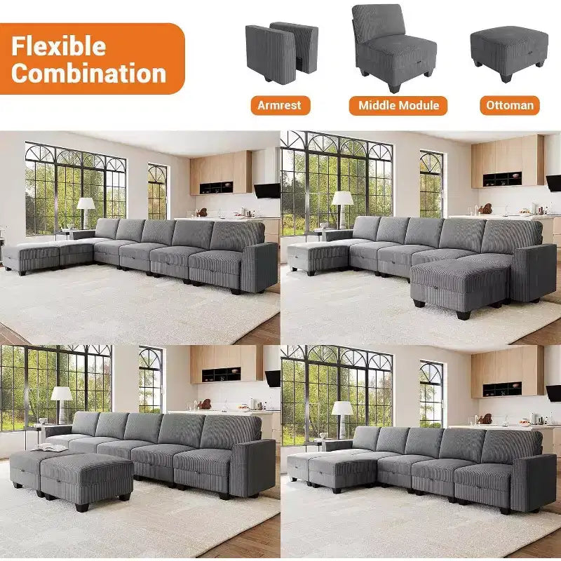 140 Large U Shaped Sectional Couch with Ottoman Chaise, Convertible Modular Sectional Sofa with Ottomans with 7 Seat for Living Room, Office - Gray