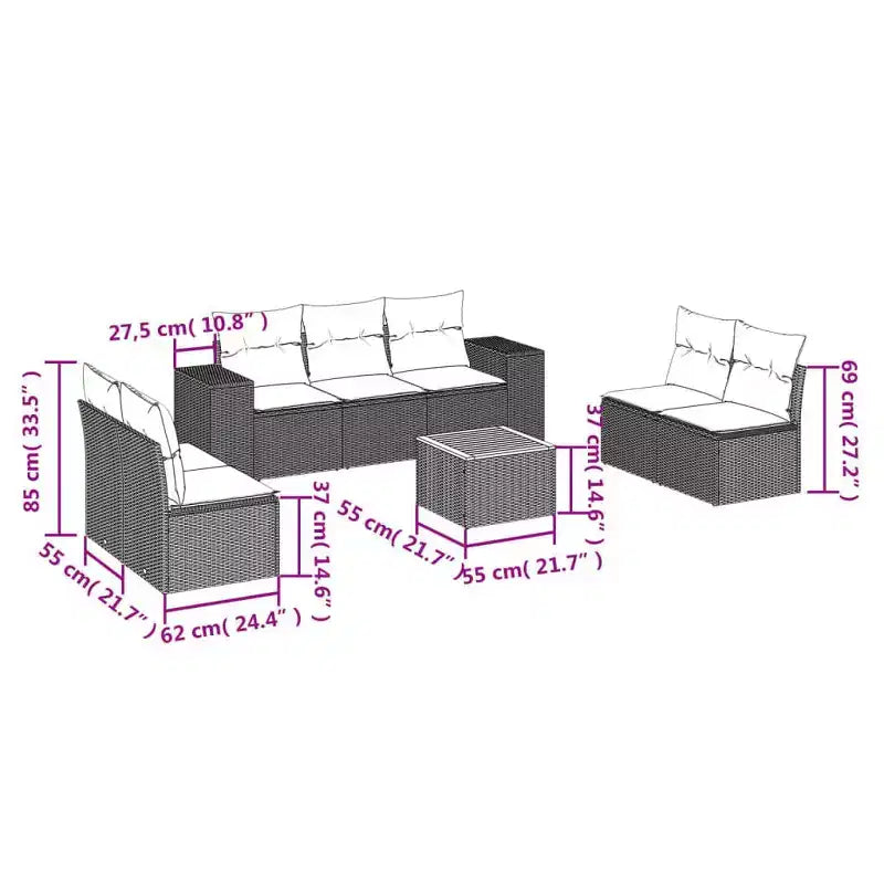 vidaXL Salon de jardin noir en résine tressée 8 pièces modulable