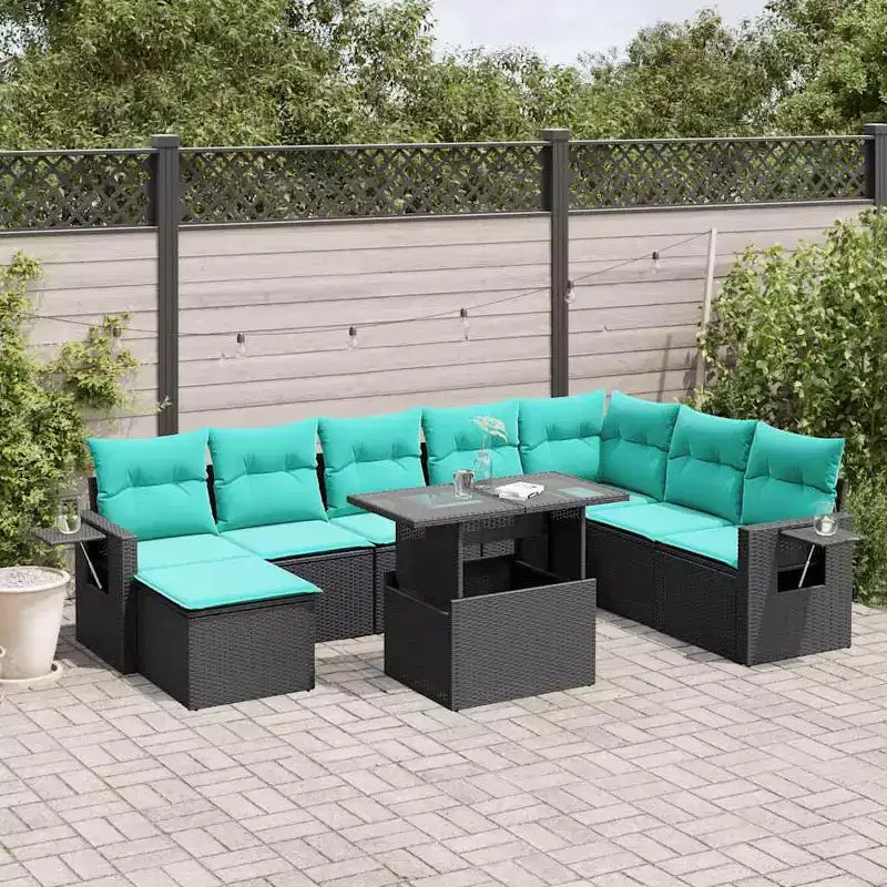 vidaXL Juego de sofás de patio con cojines, mesa y sillones, 9 piezas, ratán PE - Negro sin almacenamiento