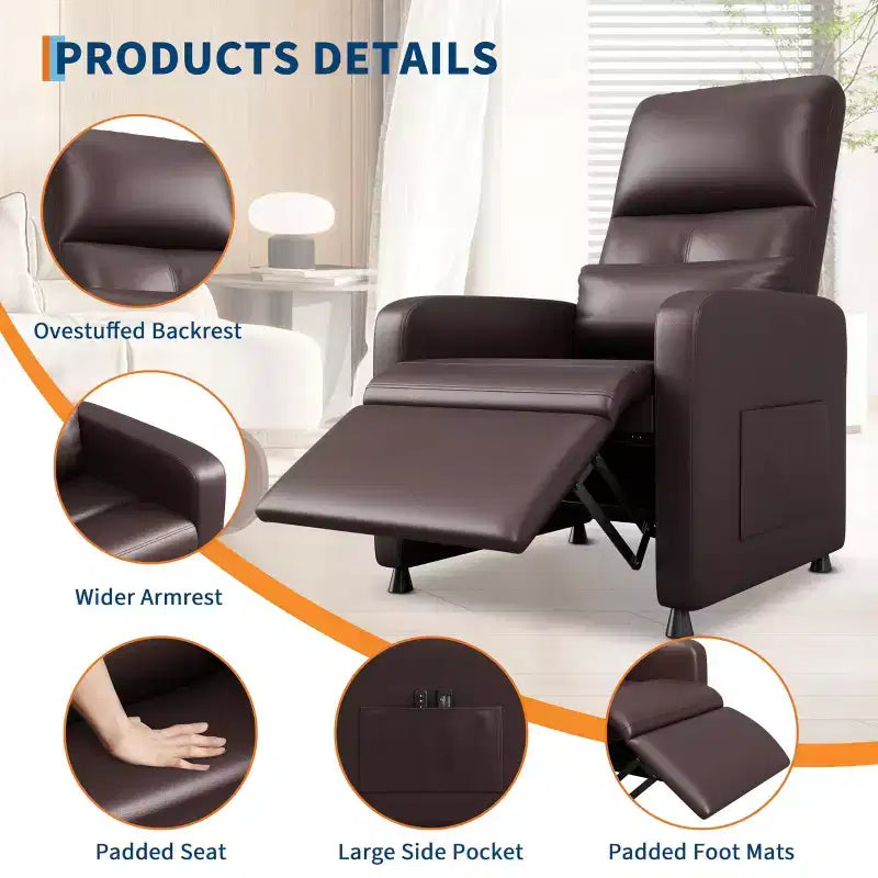 Power Lift Recliner Chair, Overstuffed PU Leather Single Sofa with Tall Back & 2 Side Pockets, Adjustable Home Theater Seating for Living Room