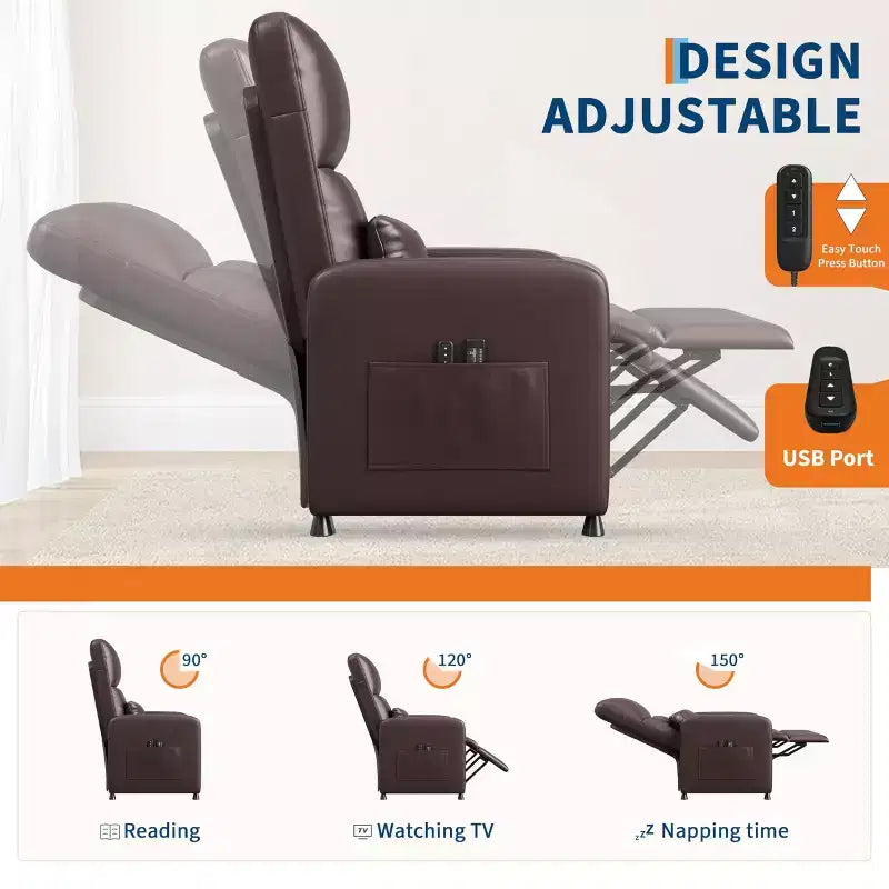Power Lift Recliner Chair, Overstuffed PU Leather Single Sofa with Tall Back & 2 Side Pockets, Adjustable Home Theater Seating for Living Room