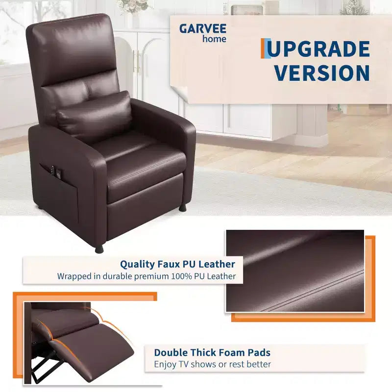 Power Lift Recliner Chair, Overstuffed PU Leather Single Sofa with Tall Back & 2 Side Pockets, Adjustable Home Theater Seating for Living Room