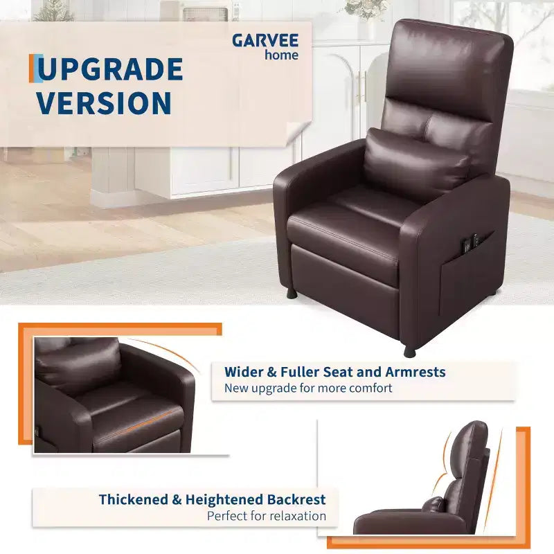 Power Lift Recliner Chair, Overstuffed PU Leather Single Sofa with Tall Back & 2 Side Pockets, Adjustable Home Theater Seating for Living Room