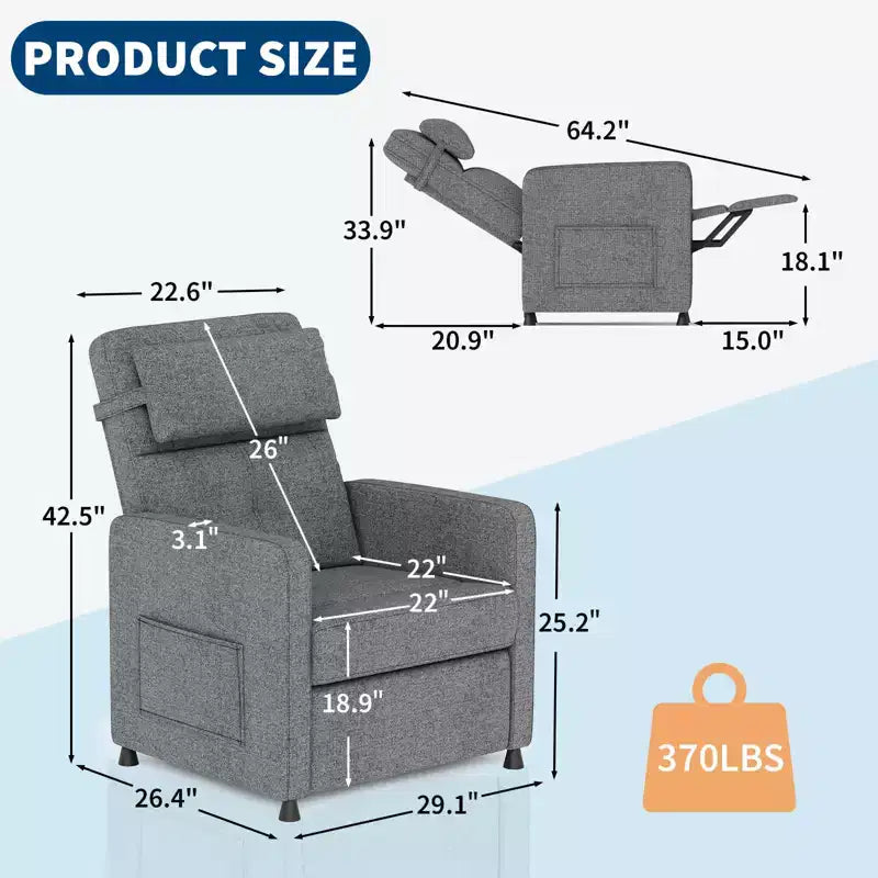 Power Recliner Chair, Ergonomic Linen Single Sofa with Padded Seat & 2 Side Pockets, Adjustable Electric Recliner for Living Room, Bedroom