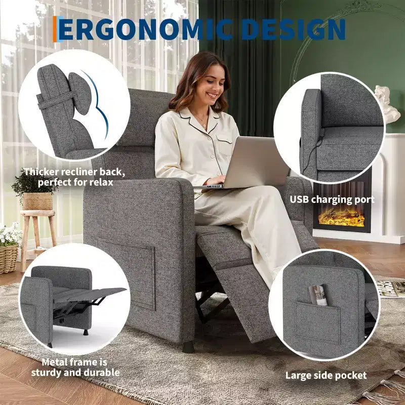 Power Recliner Chair, Ergonomic Linen Single Sofa with Padded Seat & 2 Side Pockets, Adjustable Electric Recliner for Living Room, Bedroom