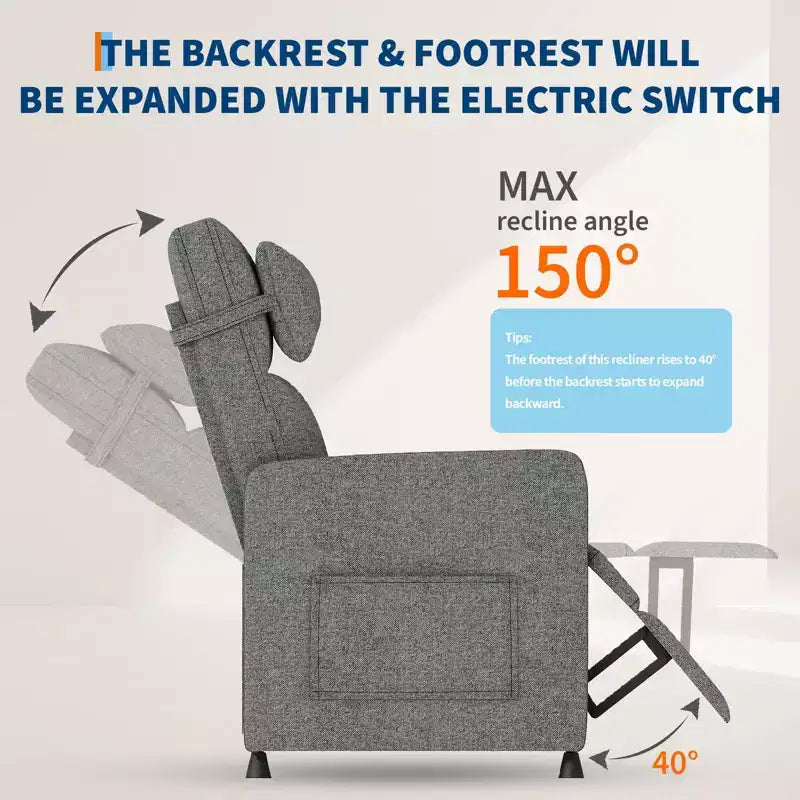 Power Recliner Chair, Ergonomic Linen Single Sofa with Padded Seat & 2 Side Pockets, Adjustable Electric Recliner for Living Room, Bedroom