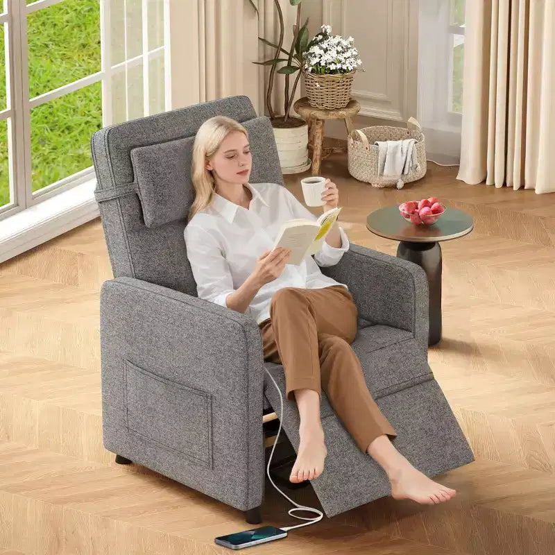 Power Recliner Chair, Ergonomic Linen Single Sofa with Padded Seat & 2 Side Pockets, Adjustable Electric Recliner for Living Room, Bedroom